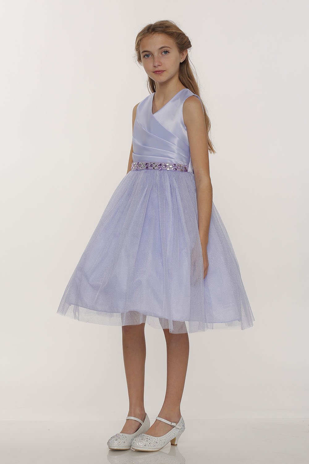 Lilac Satin Pleated Bodice with Overlay Tulle Skirt Flower Girl Dress 
